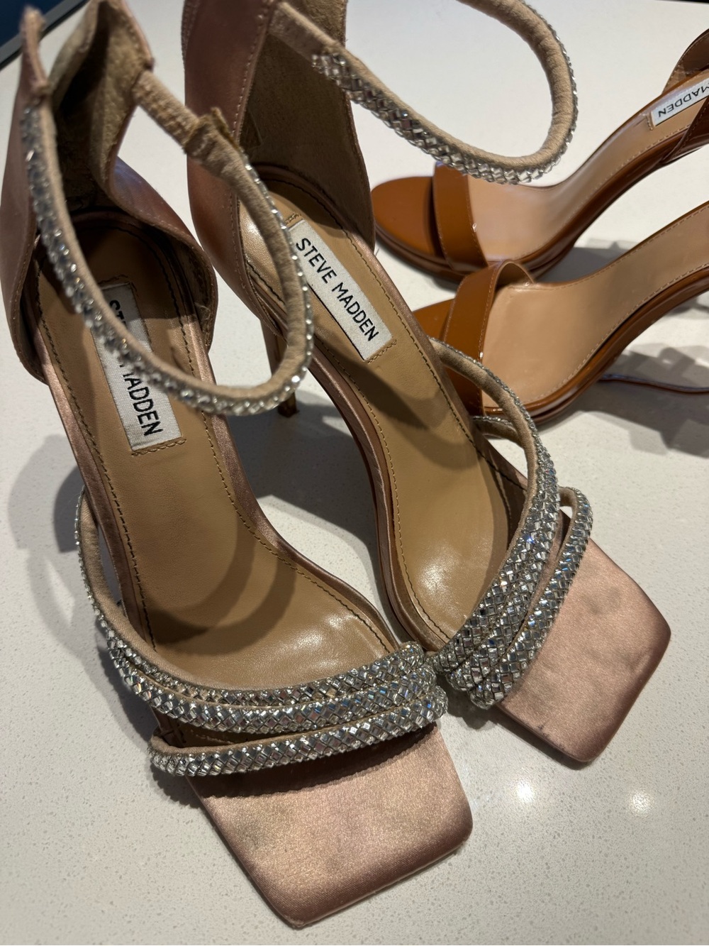 Steve Madden Blush Pink Satin Rhinestone-Strap Heels